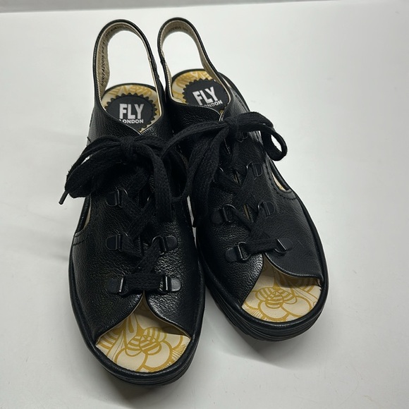 Fly London Ylva High Heel Wedges Wedged Sandals Open Toe Leather Black Size 39 8 - Picture 2 of 12